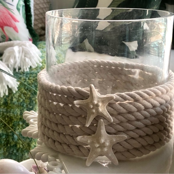 New! Nautical Bleached White Rope With  Starfish Glass Medium Hurricane - Picture 3 of 7
